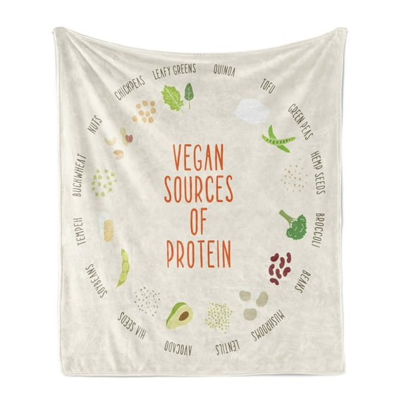 Vegan Soft Flannel Fleece Throw Blanket, Vegan Sources of Protein Concept with Vegetables and Names in Circular Chart, Cozy Plush for Indoor and Outdoor Use, 50" x 70", Multicolor, by Ambesonne