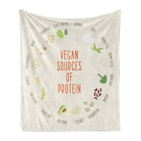Vegan Soft Flannel Fleece Throw Blanket, Vegan Sources of Protein Concept with Vegetables and Names in Circular Chart, Cozy Plush for Indoor and Outdoor Use, 70" x 90", Multicolor, by Ambesonne