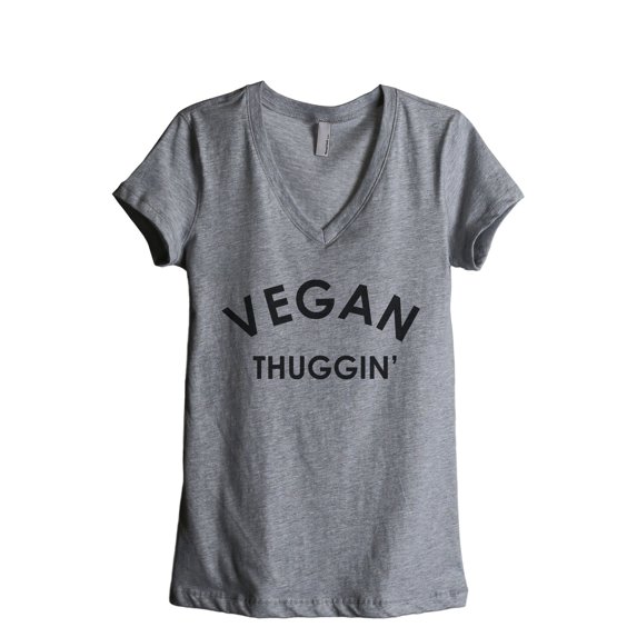 Vegan Thuggin' Women's Fashion Relaxed V-Neck T-Shirt Tee Heather Grey X-Large