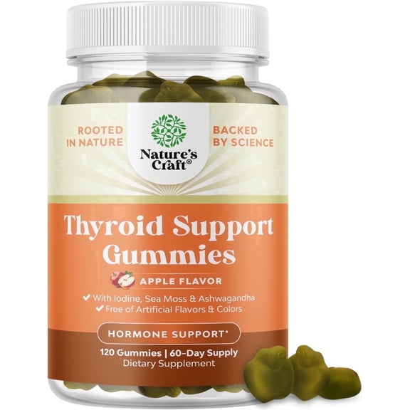 Natures Craft Vegan Thyroid Support Gummies w/ Zinc & Selenium for Healthy Thyroid Function, 120 Ct