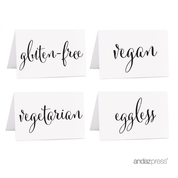 Vegan, Vegetarian, Gluten-Free, Eggless Black Food Station Buffet Menu Place Cards, Formal Black & White, 20-Pack