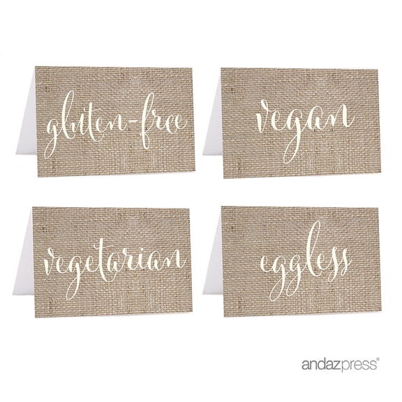 Vegan, Vegetarian, Gluten-Free, Eggless Tan Food Station Buffet Menu Place Cards, Country Chic Burlap, 20-Pack