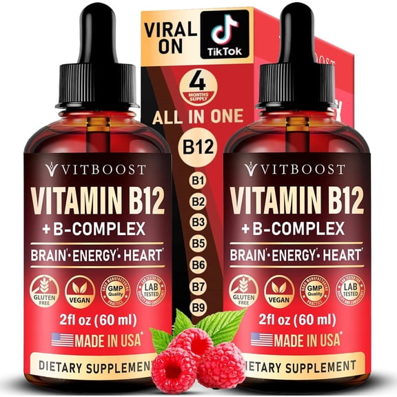 Vegan Vitamin B12 with B Complex 20 mg- Extra Strength for Men and Women- Raspberry Liquid Drops| USA Made, B1, B2, B3, B5,B6, Biotin, Folic Acid & B12 Sublingual Methylcobalamin | 4 Months Supply