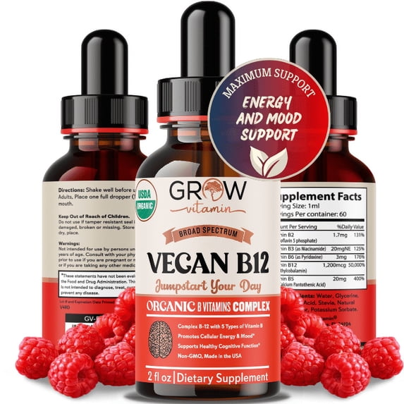 Grow Vegan B12 Complex Sublingual Liquid Drops - Methylcobalamin Full Spectrum - 60 Servings