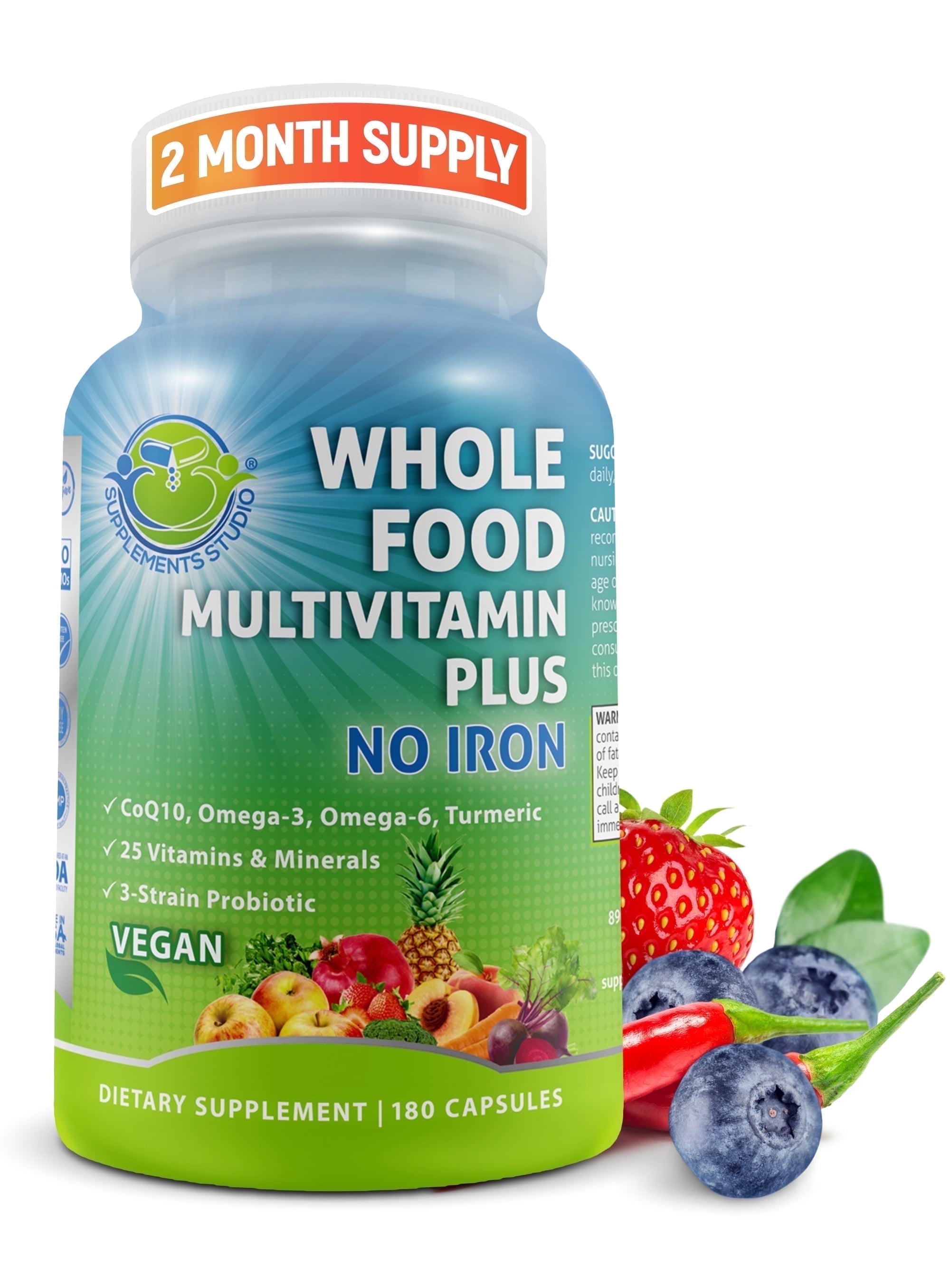 Vegan Whole Food Multivitamin (no Iron) for Women & Men's Optimal Support, Supplements Studio, 180Ct