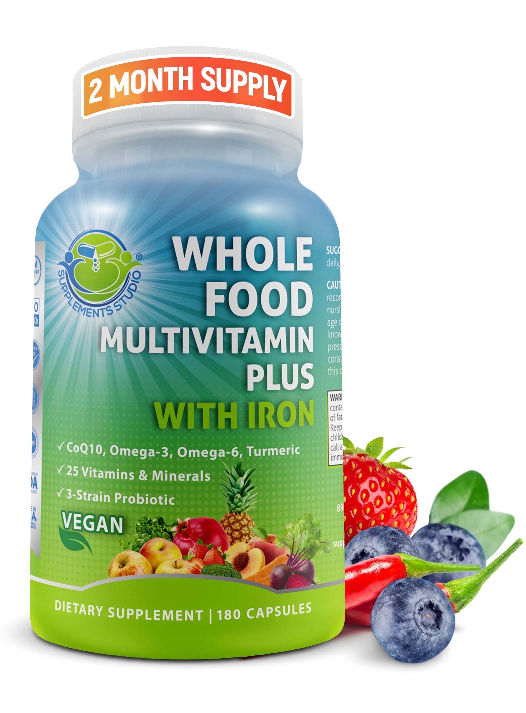 Vegan Whole Food Multivitamin with Iron for Women & Men's Optimal Support, Supplements Studio, 180Ct