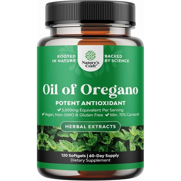 Natures Craft Oil of Oregano Softgels with 70% Carvacrol for Gut and Immune Support, 120 Count