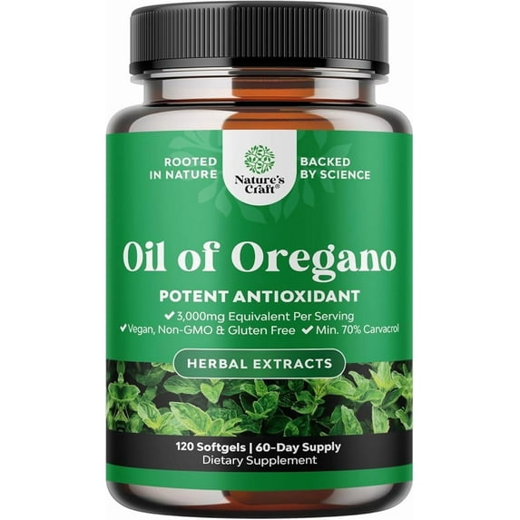 Natures Craft Oil of Oregano Softgels with 70% Carvacrol for Gut and Immune Support, 120 Count