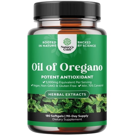 Natures Craft Oil of Oregano Softgels with 70% Carvacrol for Gut and Immune Support, 180 Count