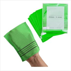 Vegan viscose exfoliating mitt performs deep‑body scrub, removes dead skin, smooths skin for at‑home spa‑style care.