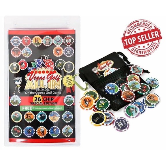Vegas Golf All-in Bonus Pack On The Course Golf Game with 26 Authentic Poker Chips & Free Deluxe Tee Bag - Fun Golf Game for Foursomes with A Special Holder for Up to 6 Tees