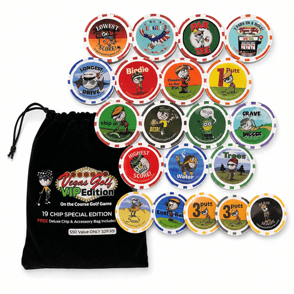 Vegas Golf VIP Edition Golf Game with 19 Poker Chip Game Pieces and Free Tee Bag Funny Golf Gift for Men and Dad