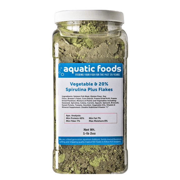 Vegetable & 20% Spirulina Plus Enhanced Premium Flakes. Aquatic Foods Premiun Flakes…1-lb 2oz Lg Jar