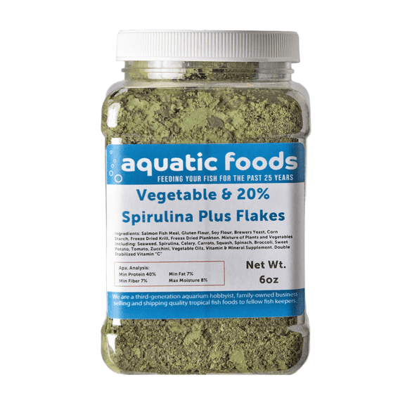 Vegetable & 20% Spirulina Plus Enhanced Premium Flakes. Aquatic Foods Premiun Flakes…6oz Med Jar