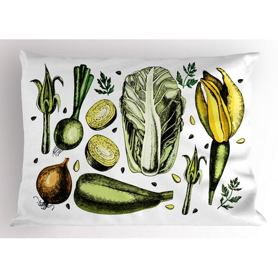 Vegetable Art Pillow Sham Onion Cabbage Artichokes Asparagus Vegan Diet Wellbeing Concept, Decorative Standard Size Printed Pillowcase, 26 X 20 Inches, Yellow Green Caramel, by Ambesonne