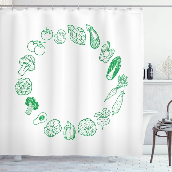Vegetable Art Shower Curtain, Fresh Green Circle of Eggplant Tomato Avocado Carrot Frame Health, Fabric Bathroom Set with Hooks, 69W X 75L Inches Long, Hunter Green White, by Ambesonne
