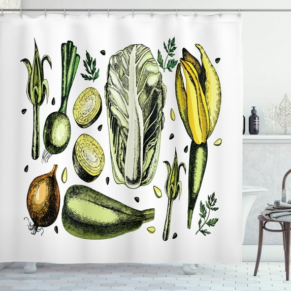 Vegetable Art Shower Curtain, Onion Cabbage Artichokes Asparagus Vegan Diet Wellbeing Concept, Fabric Bathroom Set with Hooks, 69W X 84L Inches Extra Long, Yellow Green Caramel, by Ambesonne