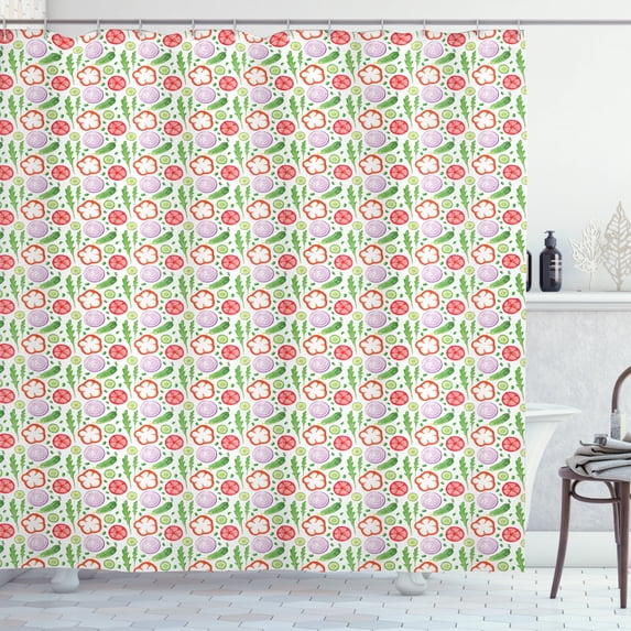 Vegetable Art Shower Curtain, Watercolor Organic Theme with Onions Cucumber Red Pepper Radish, Fabric Bathroom Set with Hooks, 69W X 84L Inches Extra Long, Fern Green Lavender, by Ambesonne