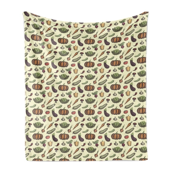 Vegetable Art Soft Flannel Fleece Throw Blanket, Hand Drawn Vegan Pattern Mushroom Radish and Pumpkin on Cream Background, Cozy Plush for Indoor and Outdoor Use, 70" x 90", Multicolor, by Ambesonne