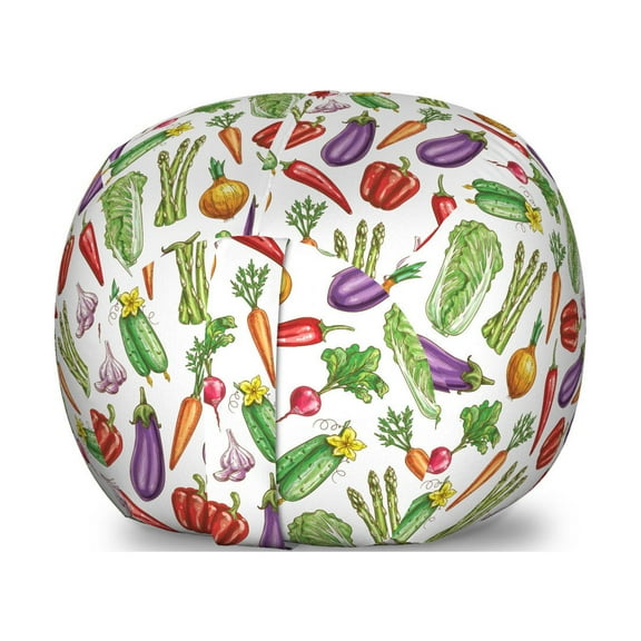 Vegetable Art Storage Toy Bag Chair, Detailed Eggplant Cucumber with Onion and Garlic Healthy Food Ingredients, Stuffed Animal Organizer Washable Bag, Large Size, Multicolor, by Ambesonne