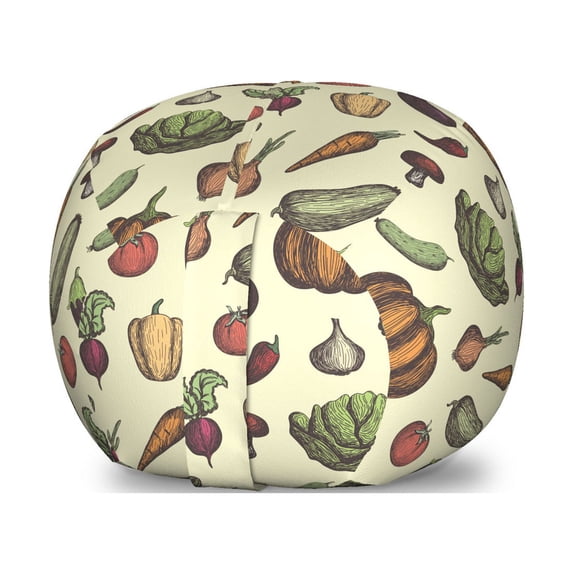 Vegetable Art Storage Toy Bag Chair, Hand Drawn Vegan Pattern Mushroom Radish and Pumpkin on Cream Background, Stuffed Animal Organizer Washable Bag, Small Size, Multicolor, by Ambesonne