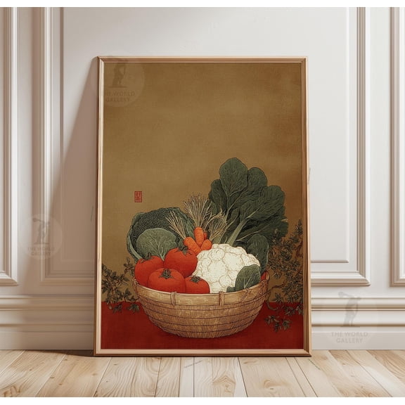 Vegetable Basket Poster Red Background Harvest Still Life Botanical, Unframed Poster