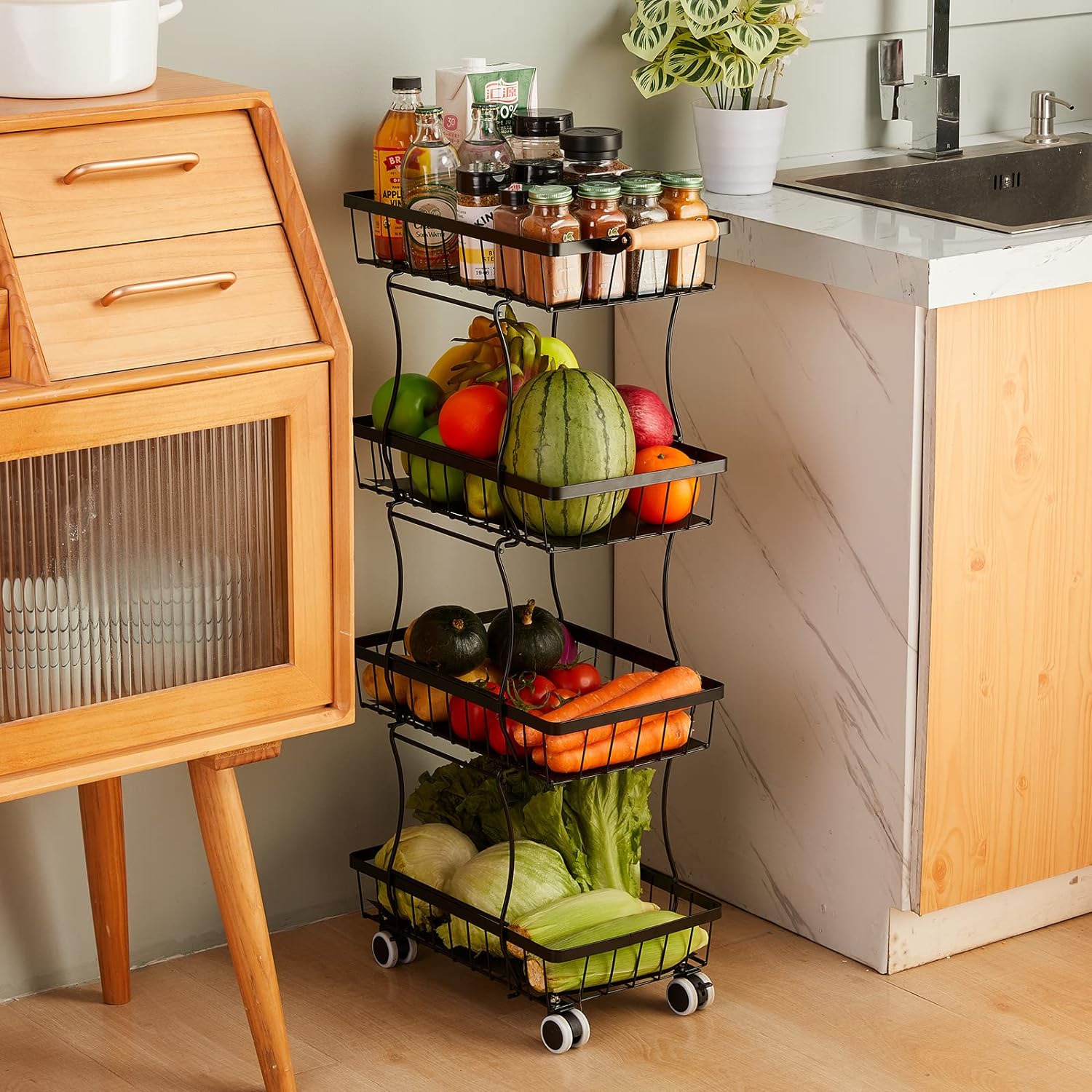 Vegetable Baskets for Kitchen, 4 Tier Kitchen Storage Cart, Fruit Stand for Kitchen Floor with
