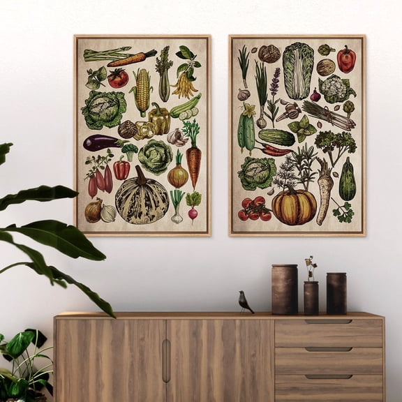 Vegetable Botanical Wall Art Print Set Of 2 With Vintage Farmhouse Kitchen Decor