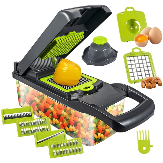 Vegetable Chopper, 15 in 1 Food Chopper, Manual Hand Chopper,Pro Onion Chopper Veggie Cutter Garlic Chopper, Multifunctional Dicer Slap Press Slicer Chopper with 8 Blades, Container, Hand Guard
