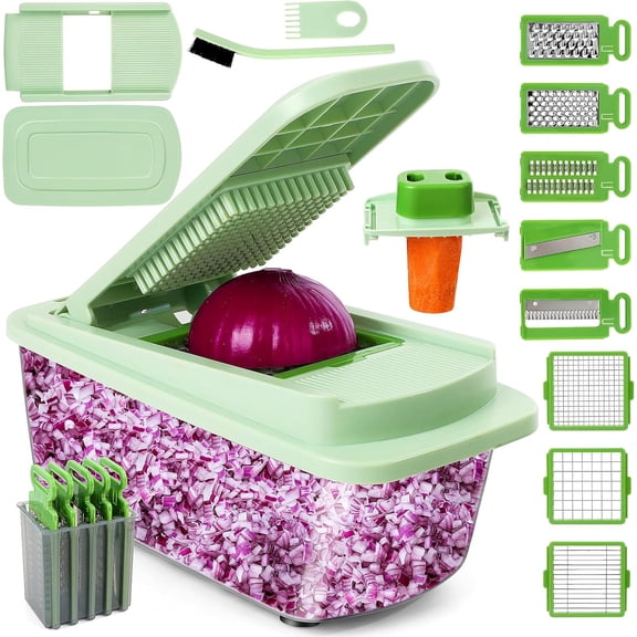 Vegetable Chopper 16-in-1 Multifunctional Kitchen Gadgets - 8 Blades Onion Chopper with Container, Food Spiralizer Slicer Dicer Grater Shredder, Vegetable Cutter for Salad/Coleslaw/Meat/Nuts