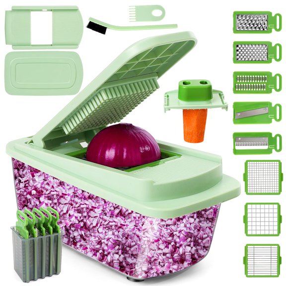 Vegetable Chopper 16-in-1 Multifunctional Kitchen Gadgets - 8 Blades Onion Chopper with Container, Food Spiralizer Slicer Dicer Grater Shredder, Vegetable Cutter for Salad/Coleslaw/Meat/Nuts