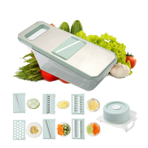 Vegetable Chopper with 6 Stainless Steel Interchangeable Blades, Large Container Tray, Dishwasher , Food Dicer Slicer, Multifunctional Kitchen Cutter, Green/Gray/Blue, Plastic, 11x4.3x3.9in