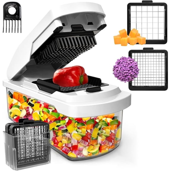 Vegetable Chopper with Container - 15-in-1 Mandoline Slicer, Food Dicer, Onion Cutter & Cheese Grater - Manual Veggie Chopper with Storage, Stainless Steel Blades