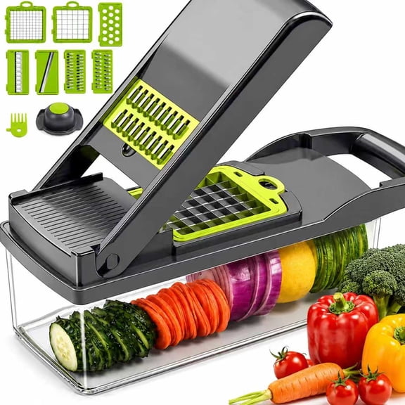 Pinshey Vegetable Chopper with Container, 7-Blade Onion Chopper Dicer, Multifunctional Food Chopper, Vegetable Slicer Cutter, Mandoline Slicer, Grater, Julienne Cutter with Hand Guard, Drain Basket