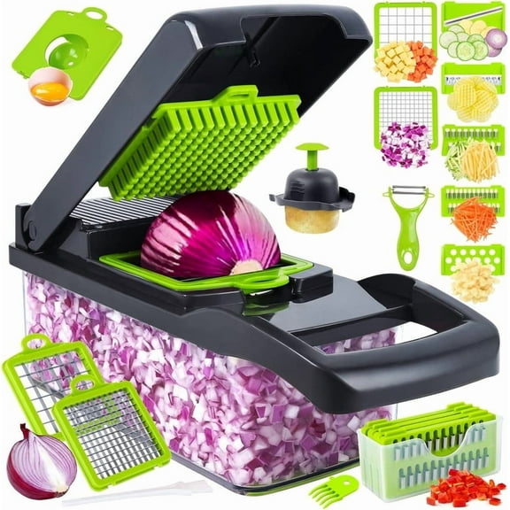 Vegetable Chopper Cutter Slicer Multifunctional 15-in-1 Food Veggie Salad Onion Chopper Cutter Dicer with Container, 8 Interchangable Blades, Hand Protector, Drain Strainer, Peeler, Brush