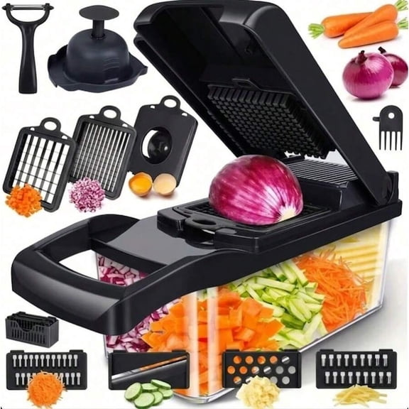Vegetable Chopper and Dicer, 16-in-1 Multi-Functional Kitchen Food Slicer with 8 Interchangeable Blades, Onion Cutter and Carrot Grater with Container