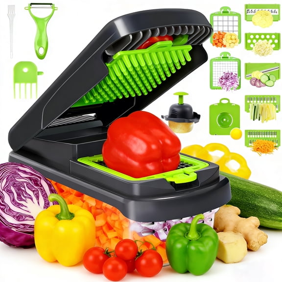 cisilov Vegetable Chopper with Container, Manual Veggie, Onion & Food Chopper for Kitchen, Hand-Powered Slicer for Carrots, Potatoes, Gray