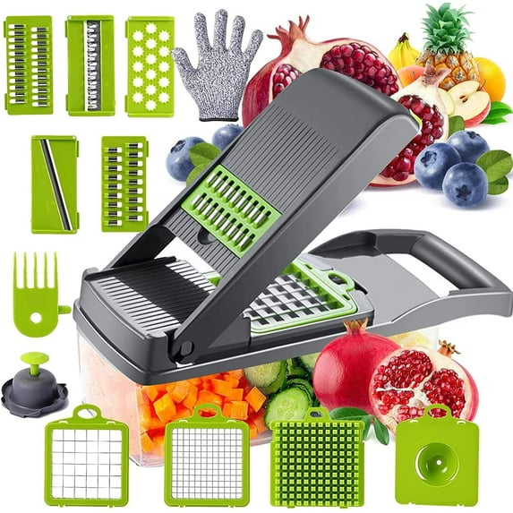 Vegetable Chopper Food Chopper Slicer Veggie Chopper Grater Multifunction with Handle Multi Blade Kitchen Food Vegetable Chopper Cutter with Container Drain Basket for Fruit Onion Potato, 14 Pieces