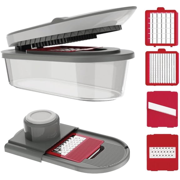 Vegetable Chopper and Mandoline Slicer with Container, 4 Stainless Steel Blades, BPA-Free Onion Chopper, Vegetable Cutter, French Fry Cutter, Dishwasher Safe Fruit Potato Dicer, Pink