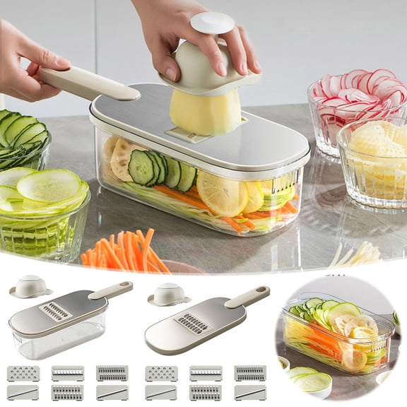 Vegetable Chopper and Mandoline Slicer with Interchangeable Blades, Julienne Shredder for Carrots, Radish and Onions, 1.5L Catch Container, Non-Slip Handle, Stainless Steel Blades