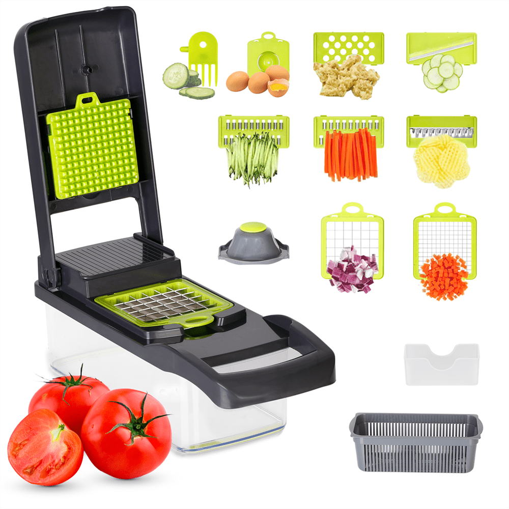 Vegetable Slicer Lychee 12 in 1 Food Chopper with Container Finger Protection for Veggie Fruit Salad Potato, Black