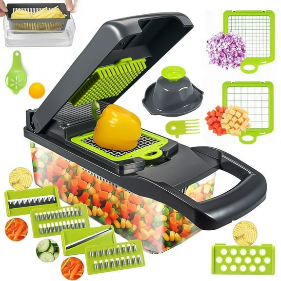 Vegetable Chopper, Multifunctional 14-in-1 Food Chopper, Kitchen Vegetable Slicer Dicer, 6 Blades Vegetable Chopper, Carrot and Garlic Chopper with Container