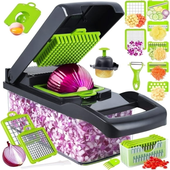 Vegetable Chopper, Pro Onion Chopper, 14 in 1Multifunctional Food Chopper, Kitchen Vegetable Slicer Dicer Cutter,Veggie Chopper With 8 Blades,Carrot Chopper With Container-kitchen essentials(Grey)