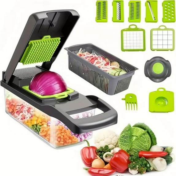 Vegetable Chopper, Pro Onion Chopper, 14 in 1Multifunctional Food Chopper, Kitchen Vegetable Slicer Dicer Cutter, Veggie Chopper, Carrot and Garlic Chopper With Container, Gray