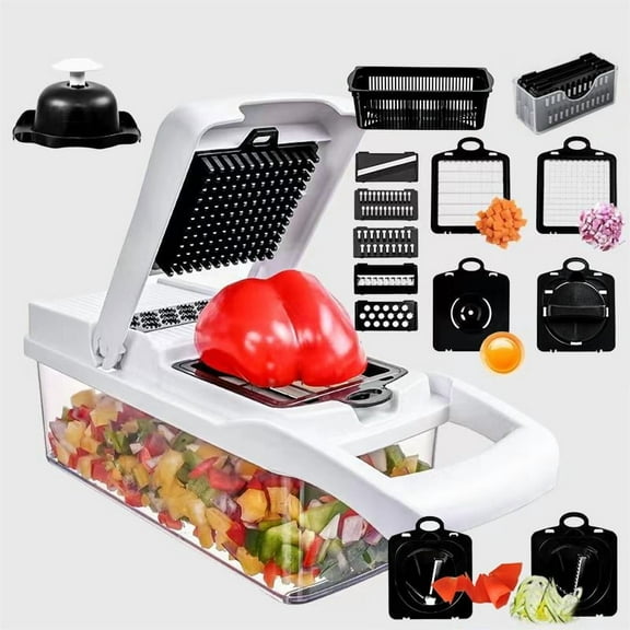 Vegetable Chopper,Pro Onion Chopper,18 in 1 Pro Food Chopper,Kitchen Vegetable Slicer Dicer Cutter,Carrot Chopper With Container (9 Blades, Black white)