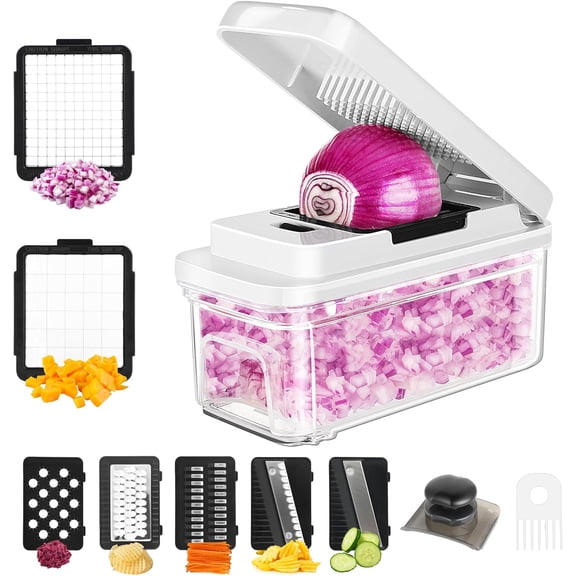Vegetable Chopper, Professional Food Chopper & Mandoline Slicer with 7 Blades and 900mL Container, Kitchen Gadgets & Home Essentials (White)