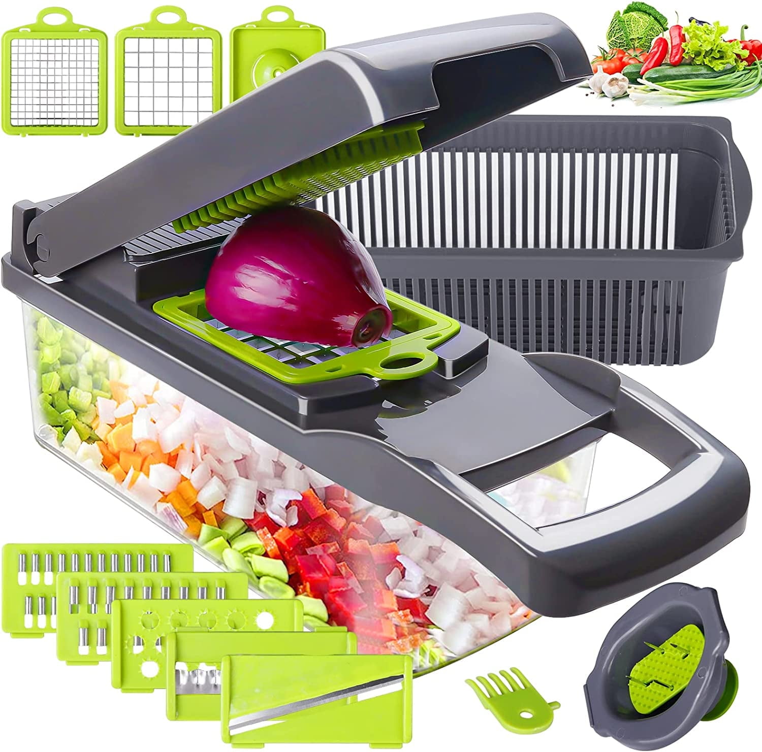 Vegetable Chopper, CHOOBY Onion Chopper Dicer with Container, 14-in-1  Multifunctional Veggie Slicer Food Cutter with 9 Stainless Steel Blades,  Household Kitchen Gadgets for Vegetable Fr 