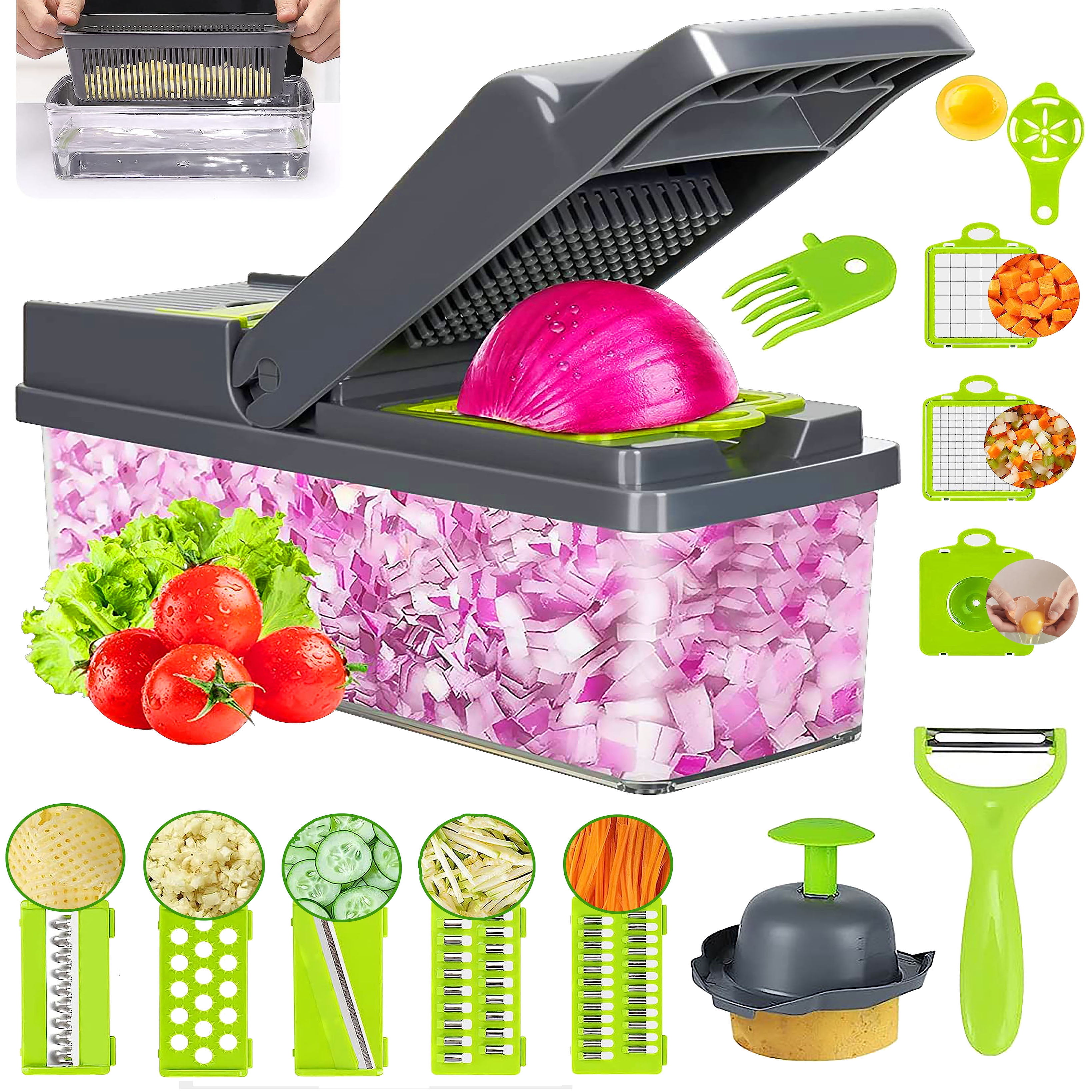 Vegetable Chopper, RKINC Mandoline 14 in 1 Slicer Cutter Chopper and Grater  8 Replaceable Stainless Steel Vegetable Cutter with Egg Separator Hand  Guard Julienne Grater for Onion Potato Fruits 