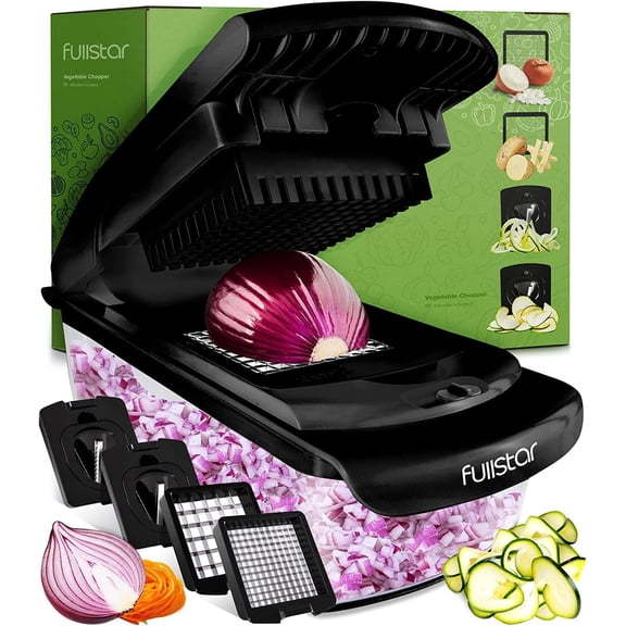 Vegetable Chopper - Spiralizer Vegetable Slicer - Onion Chopper with Container - Pro Food Chopper - Slicer Dicer Cutter - (4 in 1, Black)