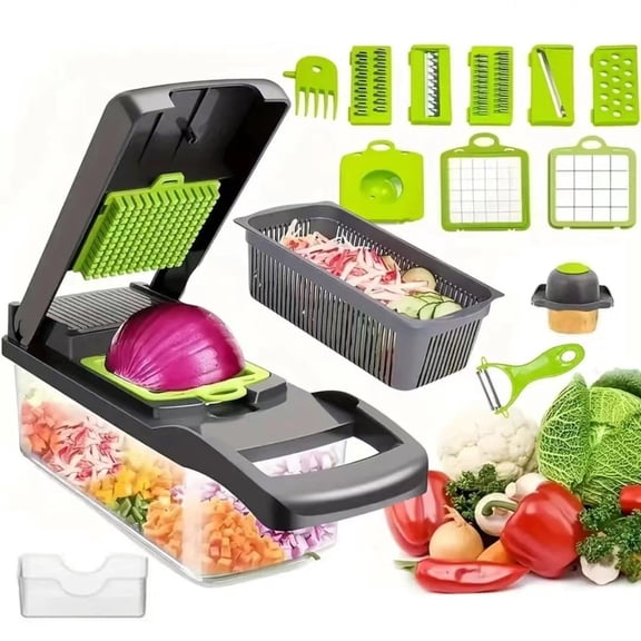 Vegetable Chopper with Storage Container, 16-in-1 Multifunction Food Chopper, Onion Chopper, Vegetable Dicer, Mandoline Slicer, Cheese Grater, Julienne Cutter, Egg Separator & Peeler